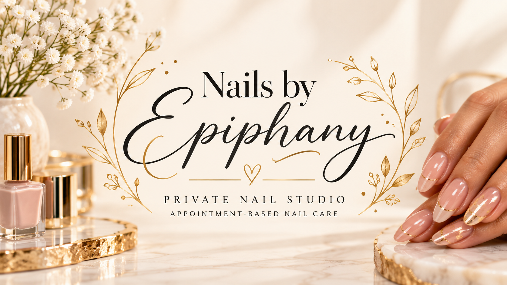 Nails by Epiphany — private nail studio branding with blush nails and gold accents