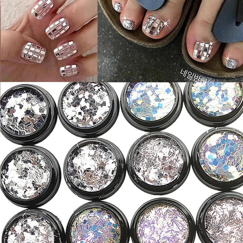 AB Silver Nail Glitter Mix Strip Square Holo Charm